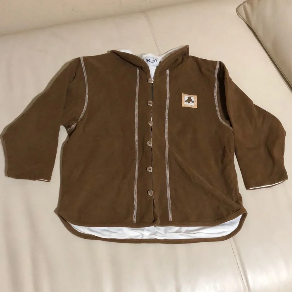Nordstrom Kids Brown Cotton Knit Button Up Hooded Jacket Coat Embroidered Bears